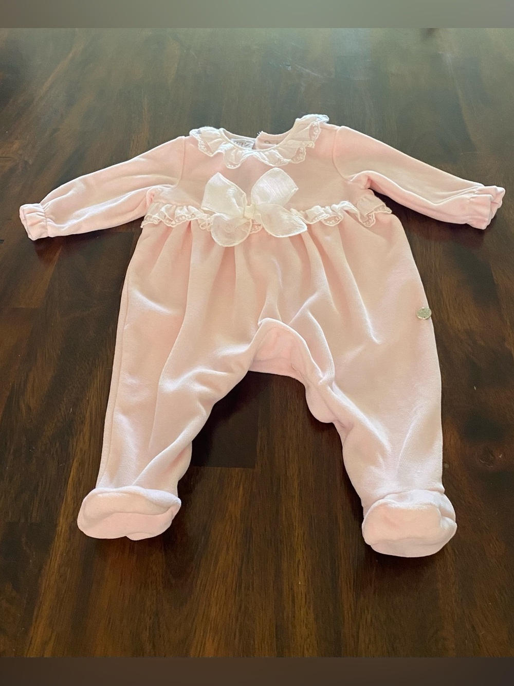 Paz Rodriguez  Velour Blush Pink Lace-Trim Footed One-Piece for Baby
